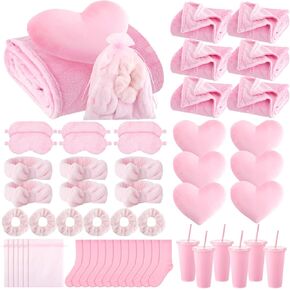 48 Pcs Sleepover Party Supplies Spa Slumber Party Favors 6 Throw Blanket 6 Spa Headband 6 Heart Pillows 6 Scrunchies 6 Sleep Eye Mask 6 Organza Bag 6 Plastic Straw Cup 6 Pairs of Socks, Pink