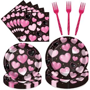 Rakuto 2000s Party Tableware Decorations, 96PCS Y2K Plates Napkins and Forks Set, Pink Heart Disposable Birthday Wedding Party Supplies Serve 24