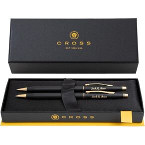 Cross Pen Set | Personalized Cross Classic Century Ballpoint Pen and 0.7mm Pencil Set. Matte Black Finish with Gold Trim. Iconic Cross Gift Set.