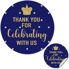 50 Royal Blue Little Prince Thank You Stickers, Gold Glitter Boy Baby Shower or Birthday Party Crown Sticker Labels, 2 Inch Round Thank You for Celebrating with Us Stickers.