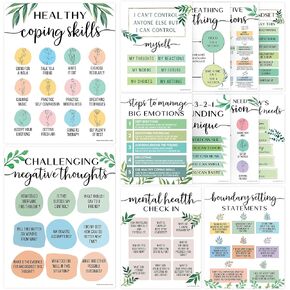 Mental Health Posters - 12 PCS (11"x14") - Coping Skills, Boundary Statements and Growth Mindset for Classroom, Therapy Office, Counseling Decor, Mental Health Gifts, School Counselor, Psych Supplies
