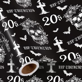 RUSPEPA Funny 30th Birthday Wrapping Paper Roll, Mini Roll, Death to My 20s Rip Twenties Theme with Skull, Cros, Bat Design Gift Wrap for Women or Men Turning 30, Gothic Black, 17 Inches x 16.4 Feet