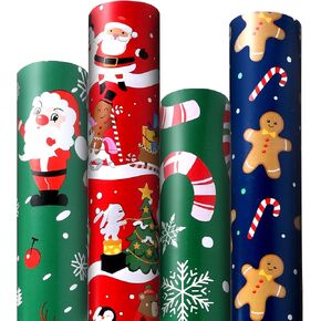 Panigkids Christmas Wrapping Paper, 4 Rolls, 17 Inches x 16.4 Feet Per Roll, Xmas Jumbo Holiday Gift Wrapping Paper Rolls with Santa's Sleigh, Santa's, Reindeer Designs, for Chrsitmas, Holiday, Party Celebration