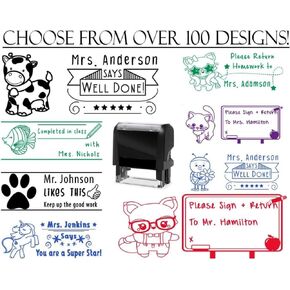 Choose from Over 100 Animal Designs!! Custom Teacher Stamps for Grading Self Inking Classroom Stamp Custom Personalized Completed in Class Please Return Homework Owl Fish Frog Horse Dog Puppies Cat