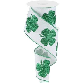 Bold Glitter Clover Shamrock Ribbon: White Green - 2.5 Inches x 10 Yards