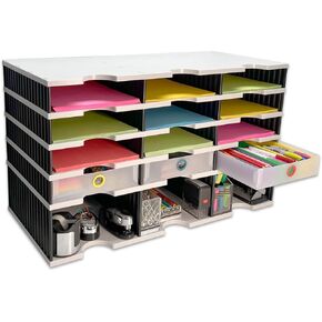 Desktop Organizer 12 Letter Tray Sorter Plus Riser Storage Base & 3 Supply Drawers - Ultimate Office TierDrop Desktop Organizer Stores All of Your Documents & Supplies in One Compact Modular System