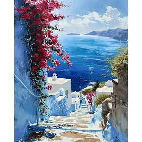 ZUVRDIAI Blue Sea Paint by Numbers Kit for Adults, Mediterranean Landscape Acrylic Paint by Numbers Kits on Canvas Vibrant Flowers Painting Acrylic for Home Decor Without Framed 16''W x 20''H