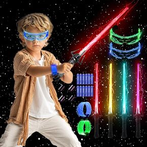 SANCO Light Up Sabers for Kids - 4PCS 7 Colors Retractable Mechanical Claw Power Swords with FX Sound, 2PCS LED Glasses & Wristbands, Halloween Cosplay Accessories, Birthday Gifts for Boys & Girls