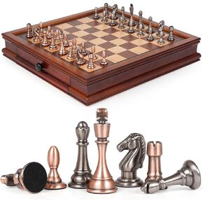 12.5-Inch Wooden Chess Set with Weighted Metal Chess Pieces, Storage Drawer Wooden Chess Board, Includes 2 Extra Queens – Premium Board Games Metal Chess Set for Adults and Chess Enthusiasts