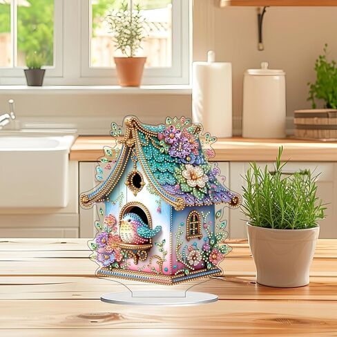 DIY Tabletop Diamond Art Kit for Adult – Gem Painting Art Desktop Ornament with Special Shaped Rhinestones, Acrylic Stand-Up Gem Craft for Home Décor & Gift Idea (Bird House) in Saudi Arabia