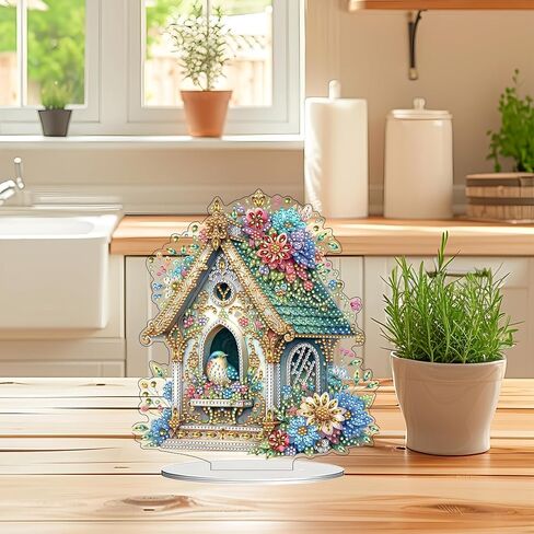 DIY Tabletop Diamond Art Kit للبالغين-لوحة سطح المكتب الفنية GEM مع أحجار الراين ذات الشكل الخاص ، وحرفة الأحجار الكريلية للديكور والهدية (Bird House) in Saudi Arabia