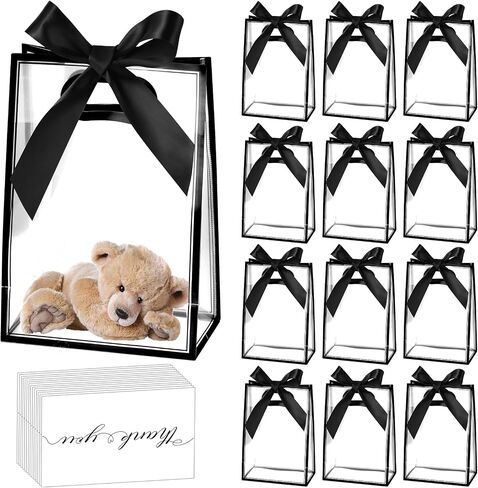 GAWBYET 24 Pcs Clear Plastic Gift Bags with Handles, Reusable Party Favor Bags With ribbons and cards for Mother's Day, Birthday, Wedding,Bachelorette Party,(7 x 10 x 3.15 Inch) in Kuwait