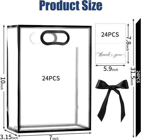 GAWBYET 24 Pcs Clear Plastic Gift Bags with Handles, Reusable Party Favor Bags With ribbons and cards for Mother's Day, Birthday, Wedding,Bachelorette Party,(7 x 10 x 3.15 Inch) in Kuwait