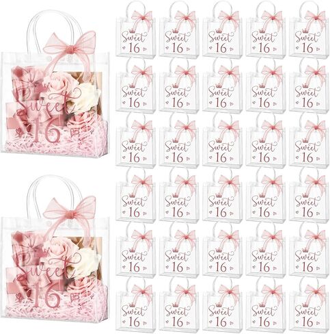 Sweetude 18 PCS Sweet 16 هدية عيد ميلاد حقيبة هدايا الحزب 16 مع مقابض وشرائط واضحة حفل عيد ميلاد الحفلات للضيوف 16 سنة زخارف عيد ميلاد حلوة in Saudi Arabia