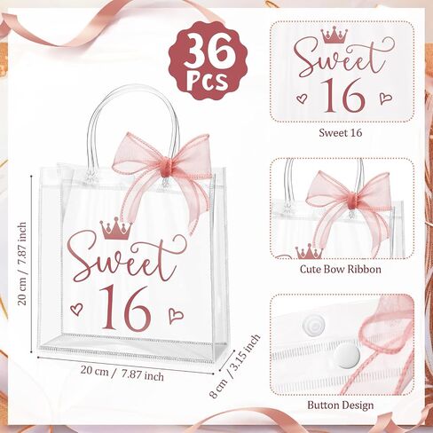 Sweetude 18 PCS Sweet 16 هدية عيد ميلاد حقيبة هدايا الحزب 16 مع مقابض وشرائط واضحة حفل عيد ميلاد الحفلات للضيوف 16 سنة زخارف عيد ميلاد حلوة in Saudi Arabia
