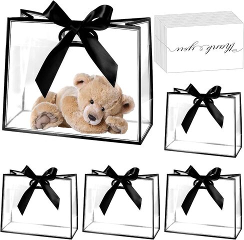 GAWBYET 24 Pcs Clear Plastic Gift Bags with Handles, Reusable Party Favor Bags With ribbons and cards for Mother's Day, Birthday, Wedding,Bachelorette Party,(7 x 10 x 3.15 Inch) in Kuwait