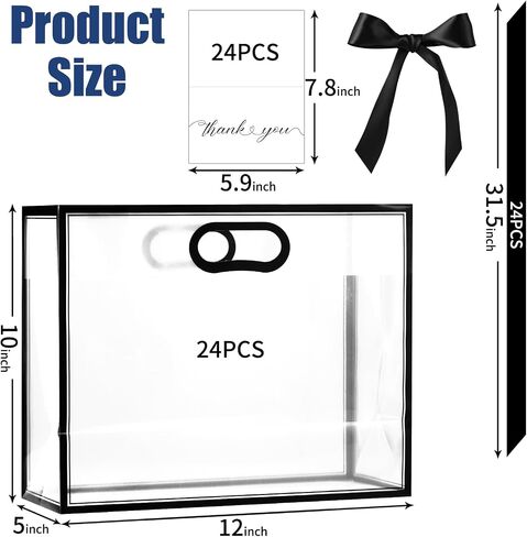 GAWBYET 24 Pcs Clear Plastic Gift Bags with Handles, Reusable Party Favor Bags With ribbons and cards for Mother's Day, Birthday, Wedding,Bachelorette Party,(7 x 10 x 3.15 Inch) in Kuwait