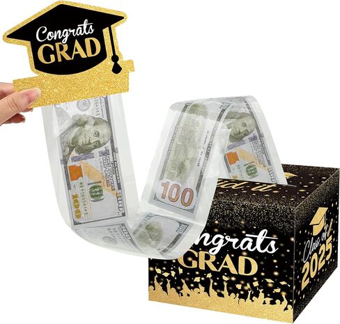 2025 Graduation Money Box for Cash Gift Congrats Grad Black and Gold Pull Surprise Box with 30 Pcs Transparent Bags for Graduation Gift College High School Party Supplies in Saudi Arabia