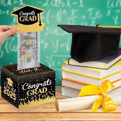 2025 Graduation Money Box for Cash Gift Congrats Grad Black and Gold Pull Surprise Box with 30 Pcs Transparent Bags for Graduation Gift College High School Party Supplies in Saudi Arabia