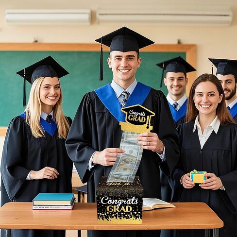 2025 Graduation Money Box for Cash Gift Congrats Grad Black and Gold Pull Surprise Box with 30 Pcs Transparent Bags for Graduation Gift College High School Party Supplies in Saudi Arabia