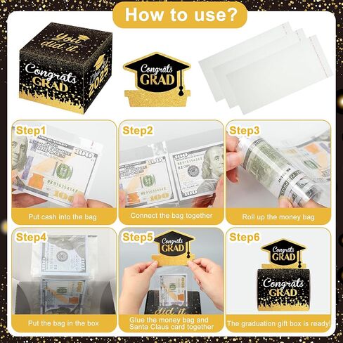 2025 Graduation Money Box for Cash Gift Congrats Grad Black and Gold Pull Surprise Box with 30 Pcs Transparent Bags for Graduation Gift College High School Party Supplies in Saudi Arabia