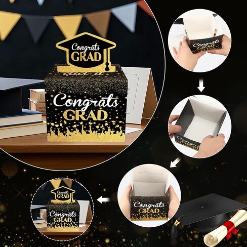 2025 Graduation Money Box for Cash Gift Congrats Grad Black and Gold Pull Surprise Box with 30 Pcs Transparent Bags for Graduation Gift College High School Party Supplies in Saudi Arabia