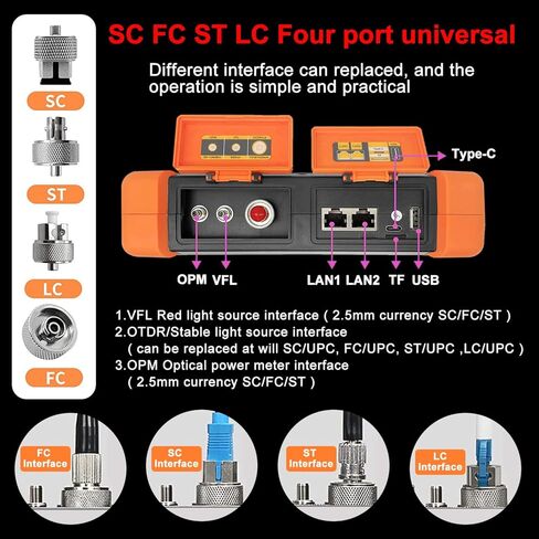 7 inches Touch Screen SM Optic Fiber OTDR Optical Time Domain Reflectometer 1310/1550nm 32/30dBm Tester Built-in VFL OPM LS(Light Source) Event Map OLT (Optical Loss Test) Functions in Kuwait
