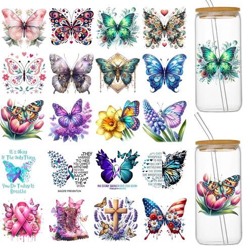 UV DTF Cup Wraps for 16 oz Glass Cups- 20 Sheets Butterfly Uvdtf Cup Wraps Vinyl Decals for Tumblers, Rub on Transfers for Crafts, Cold Transfer Stickers for Mugs Coffee, Bookmarks, Wood Furniture in Saudi Arabia