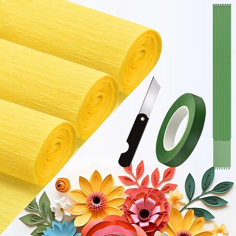Crepe Paper Roll (9.8Inch x 8.2Ft/3Rolls),DIY Gift Crepe Paper Sheet Color Paper Flower Set for Birthday Decoration, Party Decoration and Wedding Decoration (Yellow) in Saudi Arabia