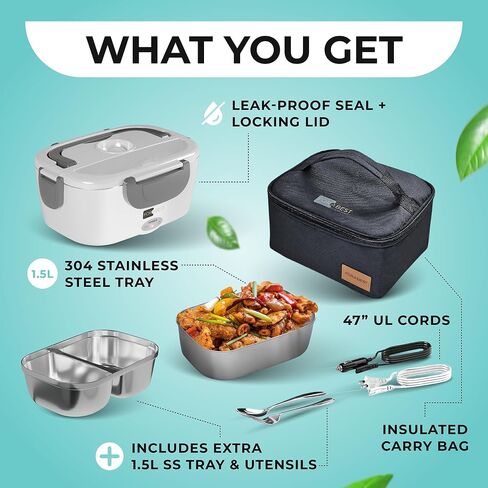 FORABEST Electric Lunch Box for Adults, Upgraded Fast 80W Heated Lunch Box for Adults, 4-in-1 Portable Food Warmer Lunch Box, 1.5L Loncheras Para Hombres De Trabajo with Power Button & Large Utensils in Saudi Arabia