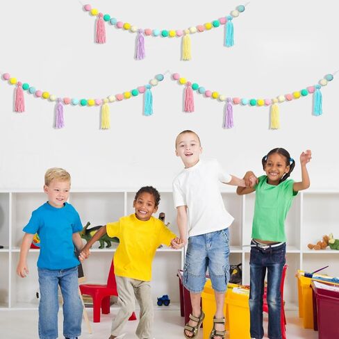 3Pcs Pastel Pom Pom Garland Back to School Colorful Hanging Tassel Felt Ball Banner Teacher Classroom Decor for Kids Elementary Nursery Baby Shower Party Decorations Wall Door Photography Prop in Saudi Arabia