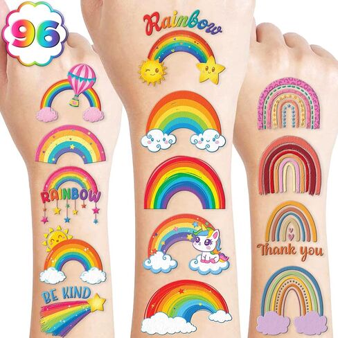 96 PCS Rainbow Pastel Rainbow Pre-Cut Temporary Tattoos for Kids | Super Cute Themed Birthday Party Favors, Supplies, Decorations, Colorful Fake Tattoo Stickers (Multiple) in Saudi Arabia