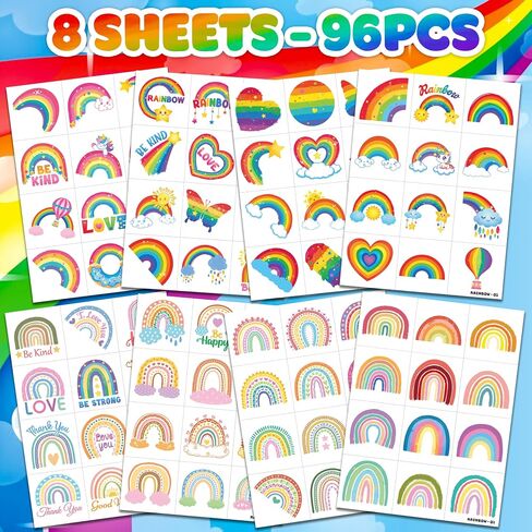 96 PCS Rainbow Pastel Rainbow Pre-Cut Temporary Tattoos for Kids | Super Cute Themed Birthday Party Favors, Supplies, Decorations, Colorful Fake Tattoo Stickers (Multiple) in Saudi Arabia