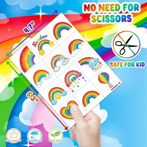96 PCS Rainbow Pastel Rainbow Pre-Cut Temporary Tattoos for Kids | Super Cute Themed Birthday Party Favors, Supplies, Decorations, Colorful Fake Tattoo Stickers (Multiple) in Saudi Arabia