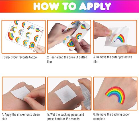 96 PCS Rainbow Pastel Rainbow Pre-Cut Temporary Tattoos for Kids | Super Cute Themed Birthday Party Favors, Supplies, Decorations, Colorful Fake Tattoo Stickers (Multiple) in Saudi Arabia