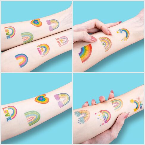 96 PCS Rainbow Pastel Rainbow Pre-Cut Temporary Tattoos for Kids | Super Cute Themed Birthday Party Favors, Supplies, Decorations, Colorful Fake Tattoo Stickers (Multiple) in Saudi Arabia