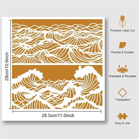 Nbeads Waves Painting Stencil ، 11.81 × 11.81 بوصة القابلة لإعادة الاستخدام الحرف المجوفة قال قالب رسم الرسم للطلاء على جدران الورق الخشبية القماشية الأثاث in Saudi Arabia