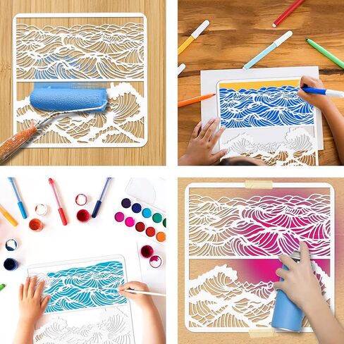 Nbeads Waves Painting Stencil ، 11.81 × 11.81 بوصة القابلة لإعادة الاستخدام الحرف المجوفة قال قالب رسم الرسم للطلاء على جدران الورق الخشبية القماشية الأثاث in Saudi Arabia