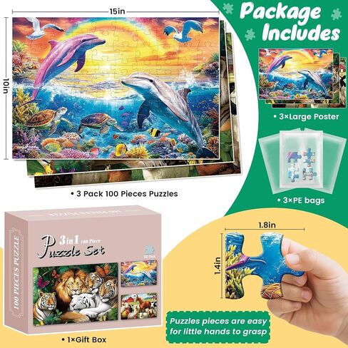 3 Pack 100 Pieces Puzzles for Kids,Farm Tiger Dolphin Puzzles for Kids Ages 4-6 6-8 8-10 100 Piece,Jigsaw Puzzle for Children Senior Adult Large Piece Puzzle Preschool Birthday Gift in Saudi Arabia