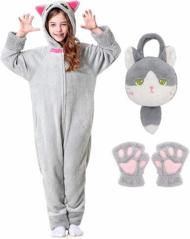 Resiwai Cat Costume for Girls and Boys, Animal Onesie Costumes with Bag and Cat Paws, Halloween Kitty Costume for Kids in Saudi Arabia