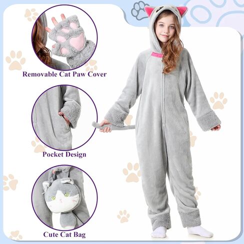 Resiwai Cat Costume for Girls and Boys, Animal Onesie Costumes with Bag and Cat Paws, Halloween Kitty Costume for Kids in Saudi Arabia