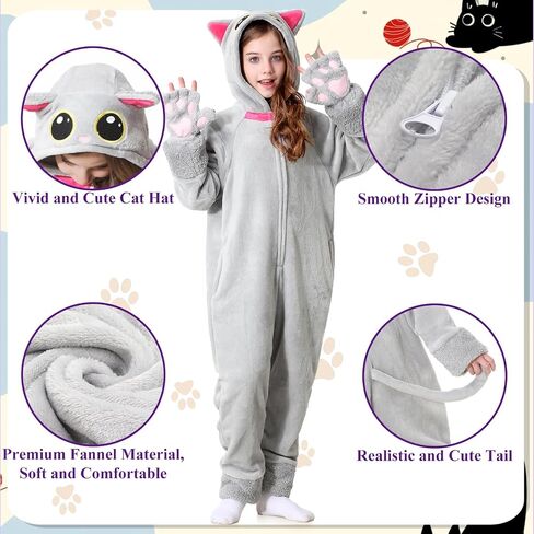 Resiwai Cat Costume for Girls and Boys, Animal Onesie Costumes with Bag and Cat Paws, Halloween Kitty Costume for Kids in Saudi Arabia