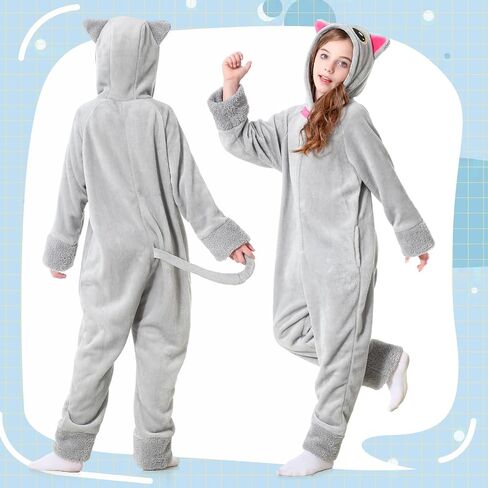 Resiwai Cat Costume for Girls and Boys, Animal Onesie Costumes with Bag and Cat Paws, Halloween Kitty Costume for Kids in Saudi Arabia