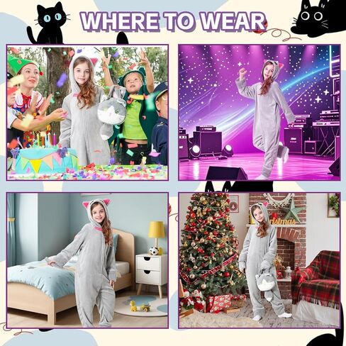 Resiwai Cat Costume for Girls and Boys, Animal Onesie Costumes with Bag and Cat Paws, Halloween Kitty Costume for Kids in Saudi Arabia
