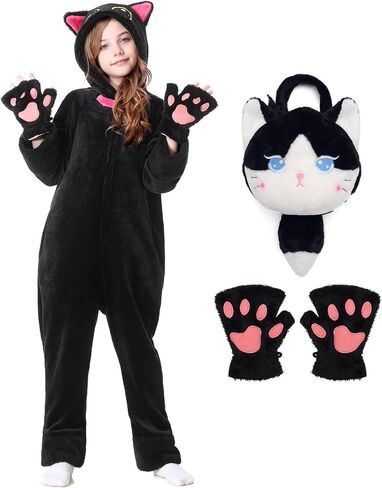 Resiwai Cat Costume for Girls and Boys, Animal Onesie Costumes with Bag and Cat Paws, Halloween Kitty Costume for Kids in Kuwait