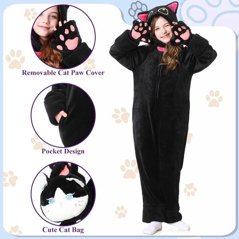 Resiwai Cat Costume for Girls and Boys, Animal Onesie Costumes with Bag and Cat Paws, Halloween Kitty Costume for Kids in Kuwait