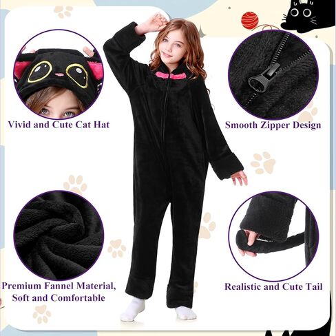 Resiwai Cat Costume for Girls and Boys, Animal Onesie Costumes with Bag and Cat Paws, Halloween Kitty Costume for Kids in Kuwait