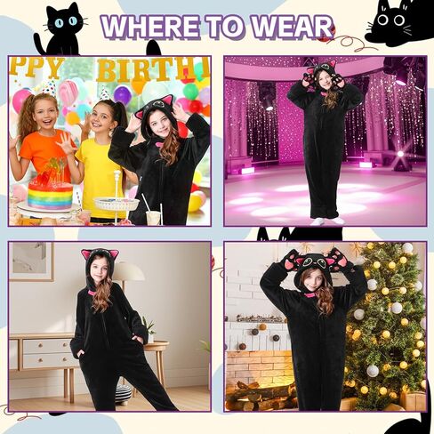 Resiwai Cat Costume for Girls and Boys, Animal Onesie Costumes with Bag and Cat Paws, Halloween Kitty Costume for Kids in Kuwait
