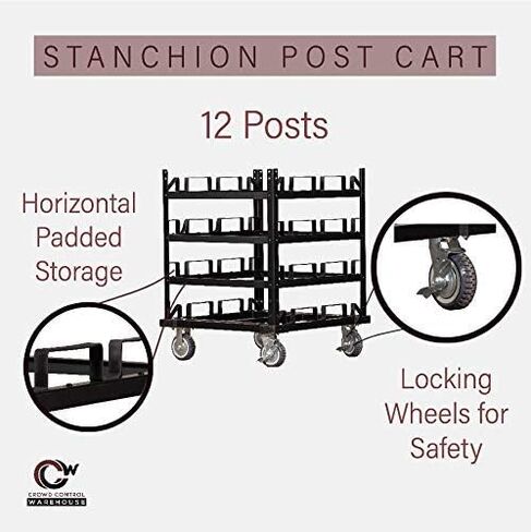 Trafford Industrial Stanchion Post Cart ، 12 وظيفة ، تخزين مبطنة وعجلات قفل للأمان in Kuwait