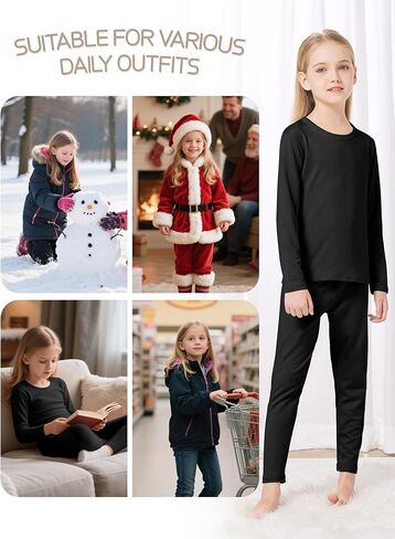 VZV Girls Thermal Underwear Set Kids Thermal Set Fleece Lined Kids Base Layer Long Johns for Kids Top and Bottom for Winter in Kuwait